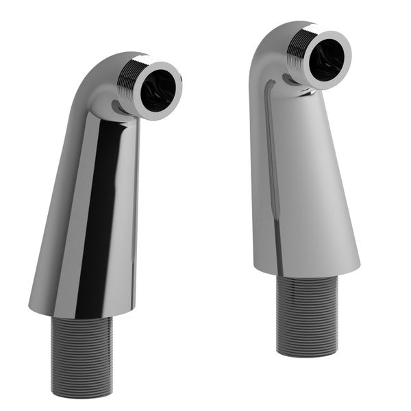 Two shiny chrome faucet aerators with a curved design.