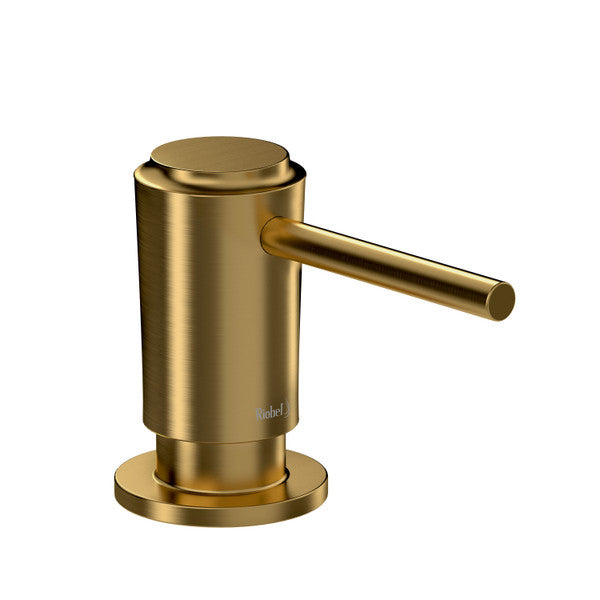 Brushed gold soap dispenser with a sleek design and lever.