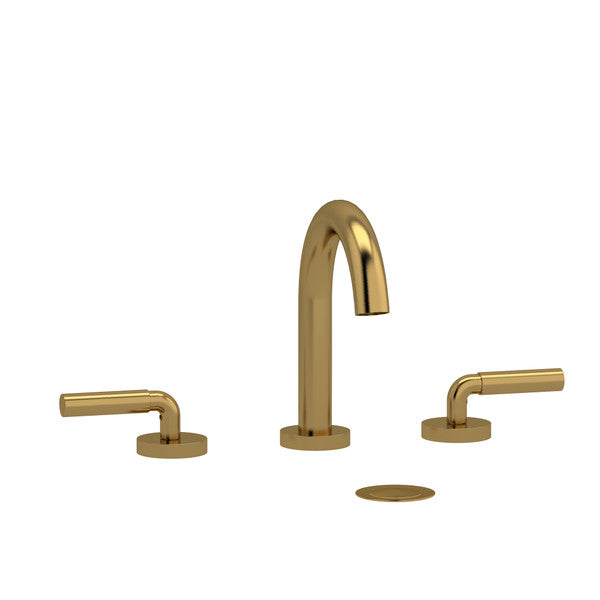 Gold bathroom faucet set with two handles and a matching base plate.