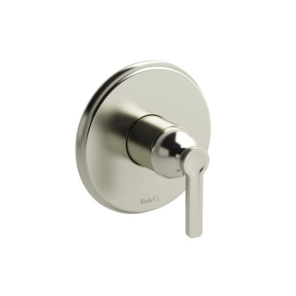 A brushed nickel faucet handle with a round base.