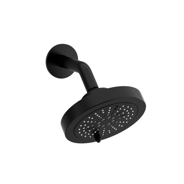 Black shower head with a round design mounted on a wall.