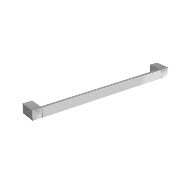 Modern silver towel bar with square ends.