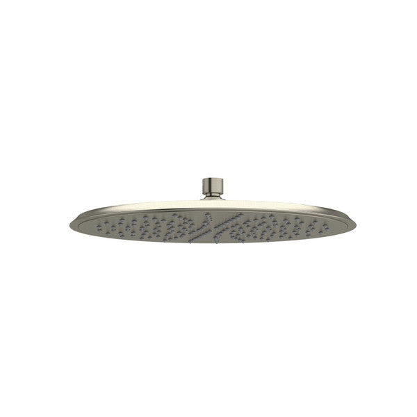 A round rainfall shower head with a sleek design.