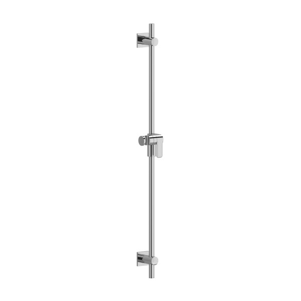 A vertical chrome shower rail with adjustable brackets.