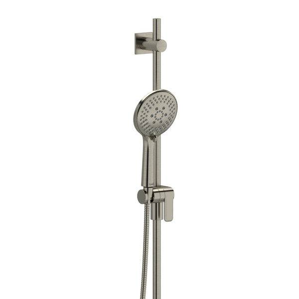 Modern handheld shower head with adjustable height on a wall-mounted bar.