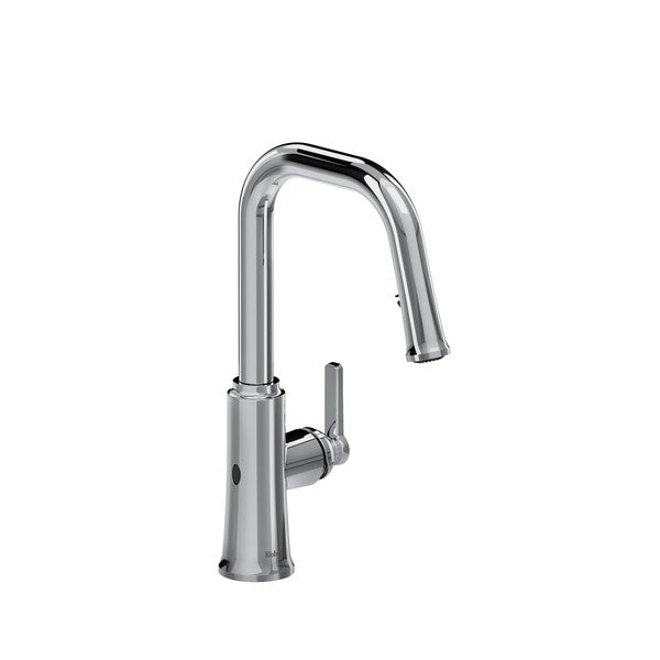 Stylish chrome kitchen faucet with a curved spout.