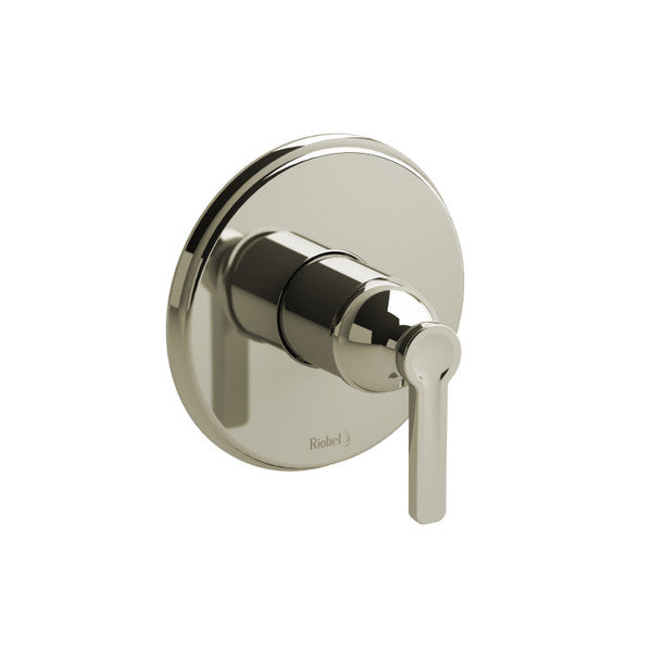 A modern chrome faucet handle mounted on a round plate.