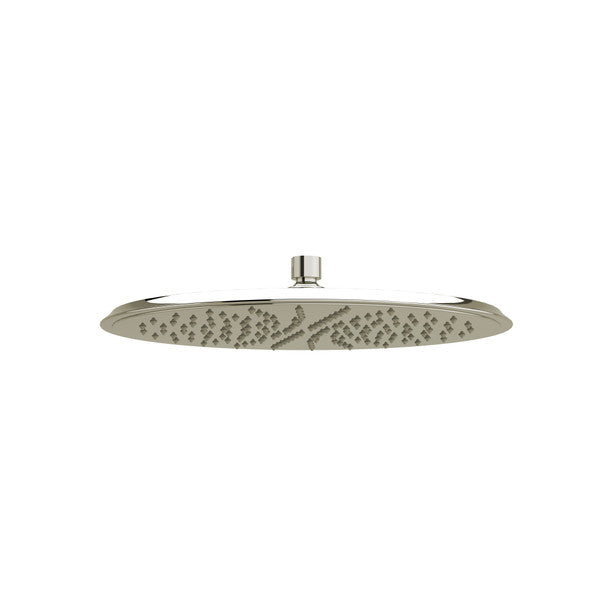 Modern round shower head with patterned nozzle design.