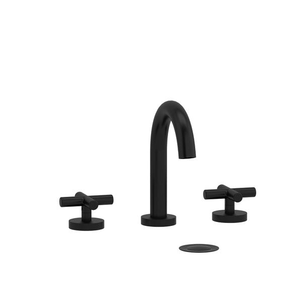 Black modern faucet with two handles and drain cover.
