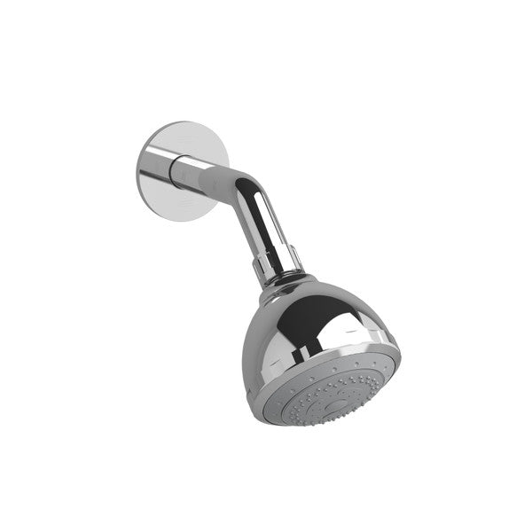 A modern chrome showerhead mounted on a wall.