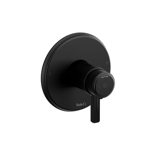 Black wall-mounted shower control with a round plate and a lever handle.