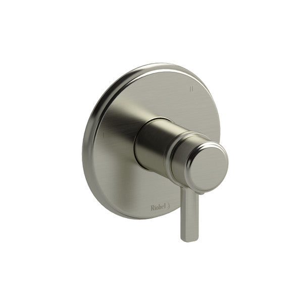 Close-up of a modern brushed nickel wall faucet handle