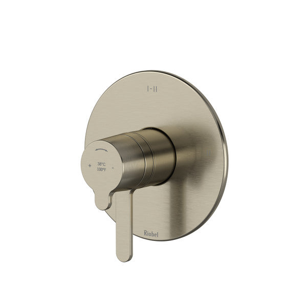 Stylish metal shower control knob mounted on a circular plate