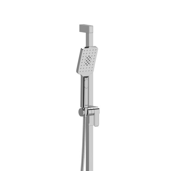 Chrome handheld showerhead with hose on wall mount.