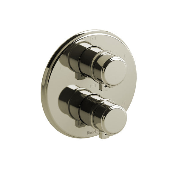 Chrome dual shower control knobs on a round plate.