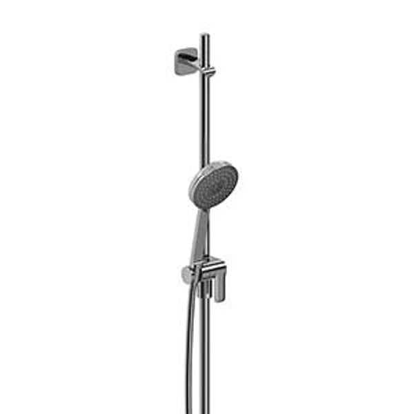 A modern shower stall fixture with a handheld showerhead and an adjustable slide bar.