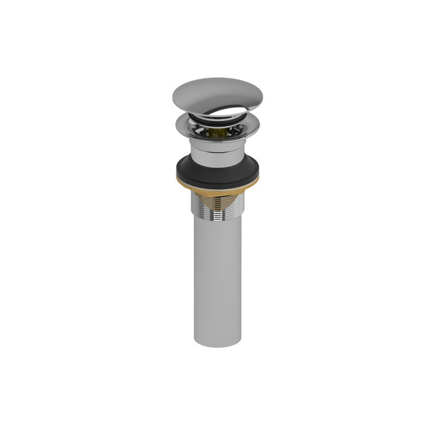 A polished chrome sink drain assembly with a rubber seal and a straight pipe.