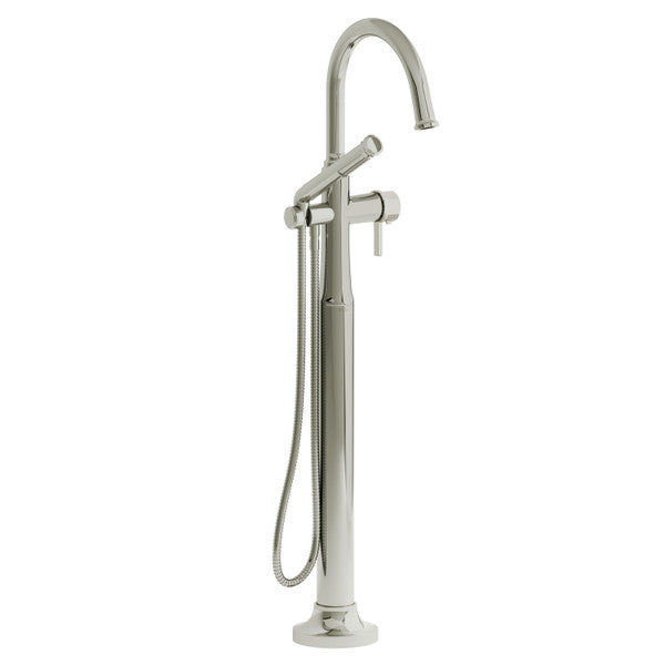 Modern freestanding bath faucet with a handheld shower attachment.