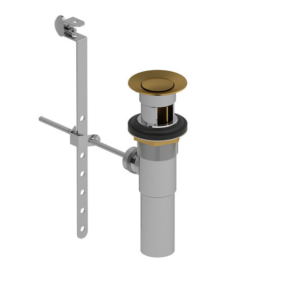 A chrome and gold sink drain assembly with adjustable linkage.
