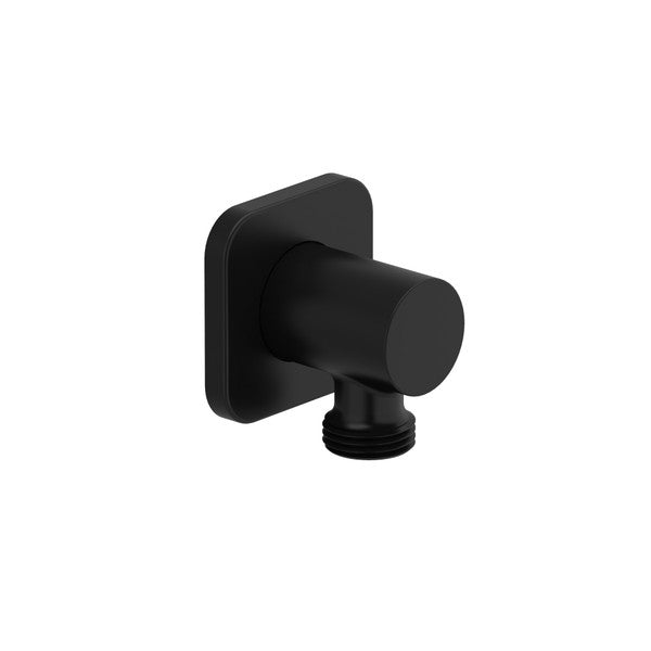 Black wall-mounted plumbing fixture with a round outlet
