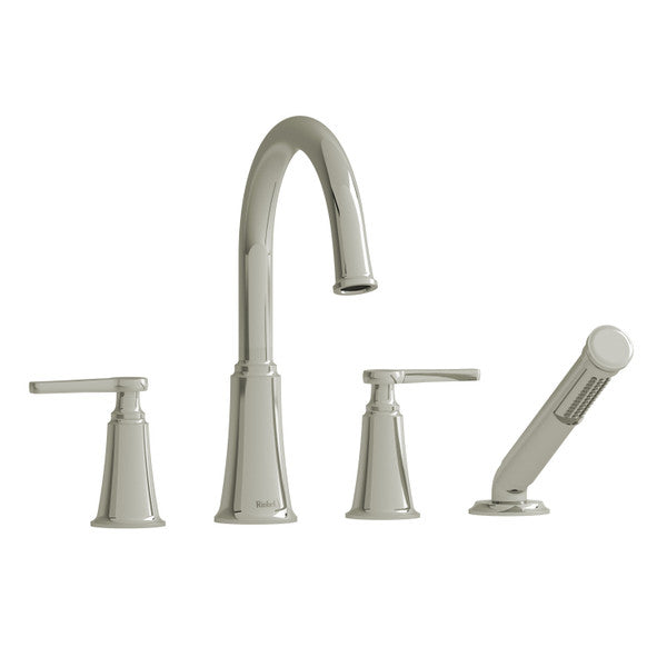 Four-piece kitchen faucet set including a main spout, two handles, and a pull-down sprayer.