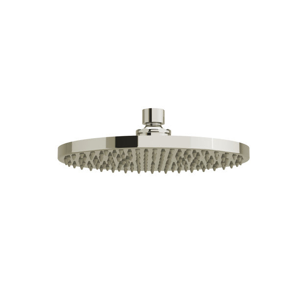 Chrome overhead showerhead with a round design.