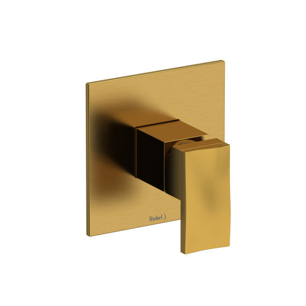 A modern gold bathroom faucet handle mounted on a square plate.