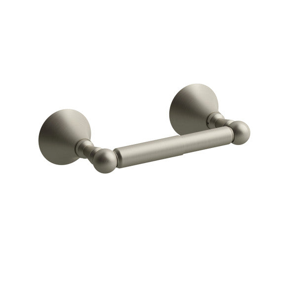 Brushed nickel toilet paper holder with circular wall mounts.