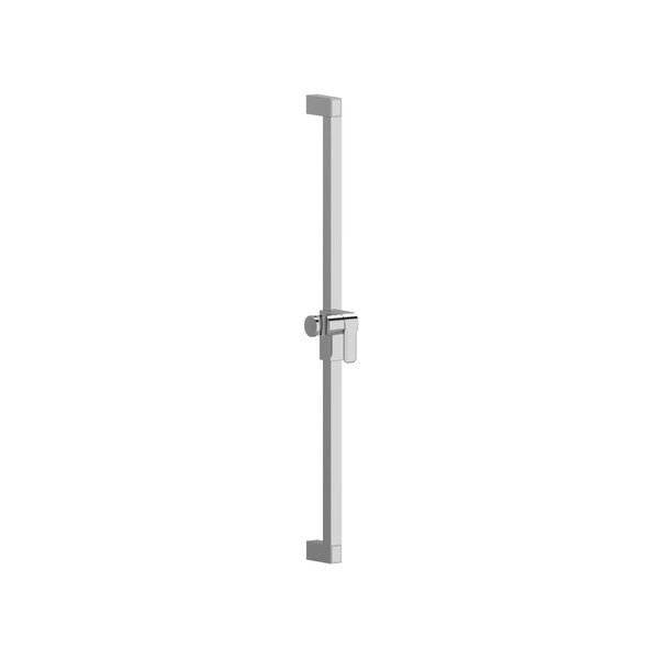 Vertical shower slider bar with adjustable mounting and chrome finish.