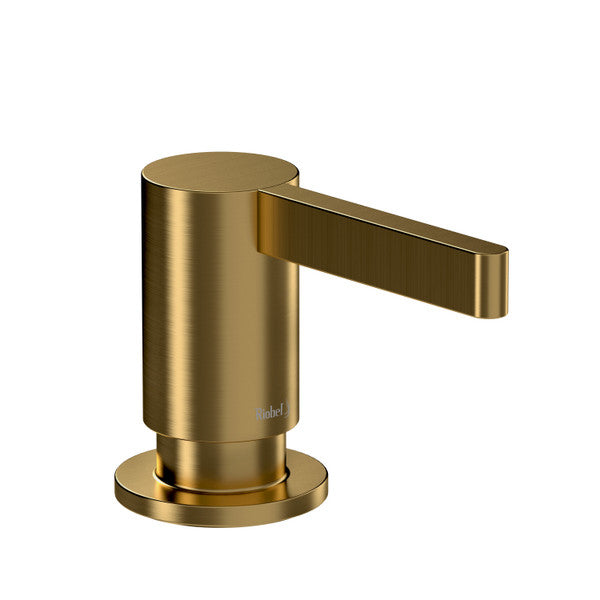Contemporary gold kitchen faucet with a sleek design.