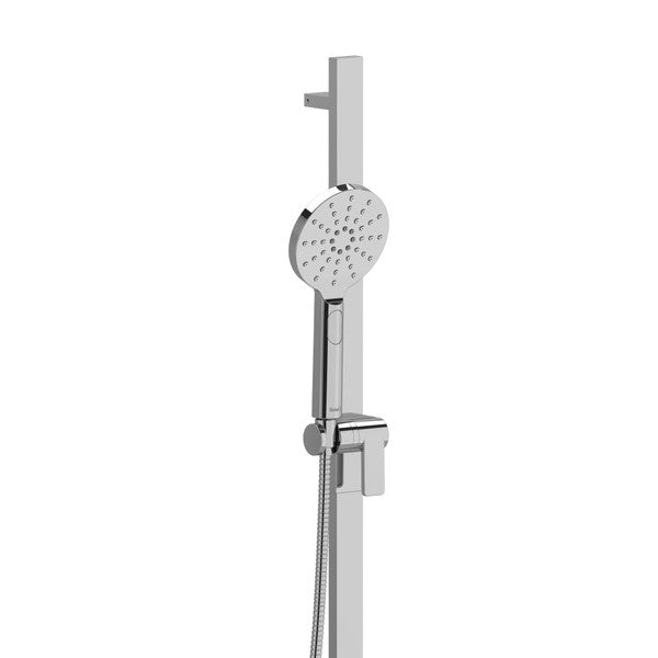 Modern chrome handheld shower head with adjustable wall mount.
