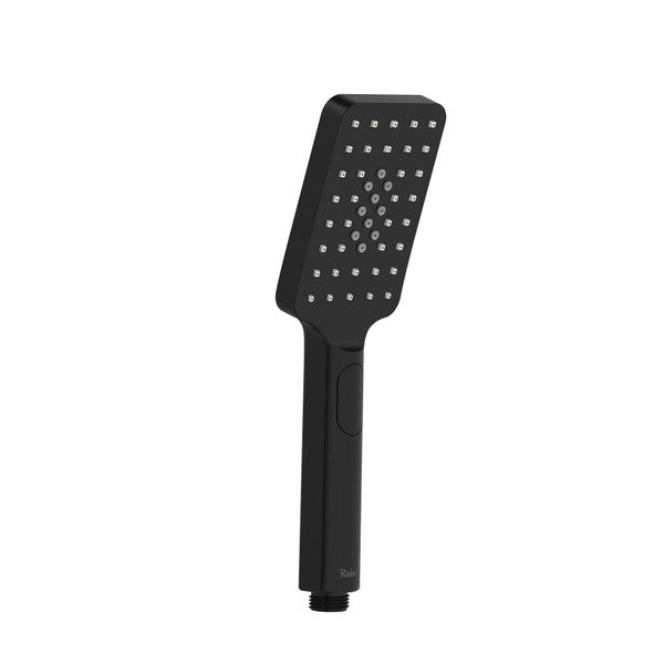 Black handheld shower head with a square design