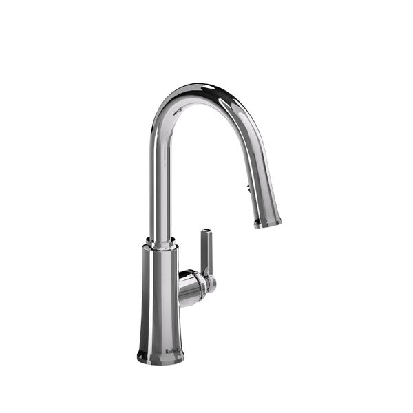 A modern chrome kitchen faucet with a sleek design.