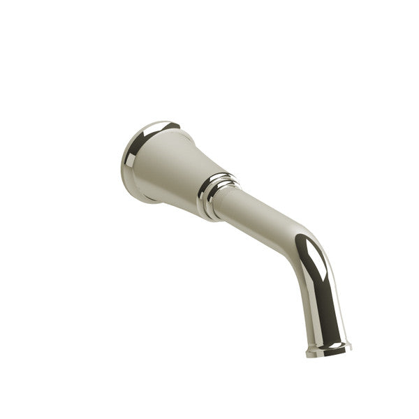A polished chrome bathroom faucet spout