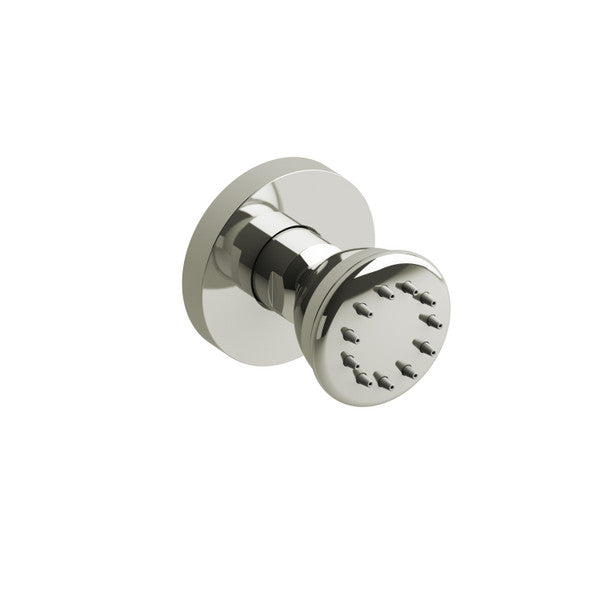 Close-up of a chrome showerhead with multiple spray nozzles