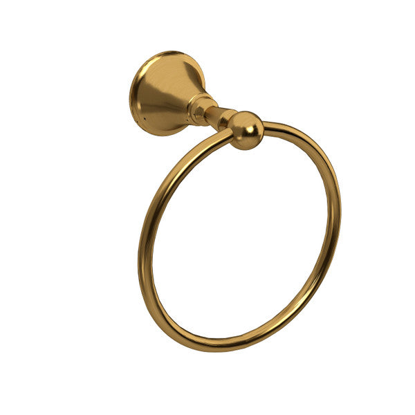 A gold wall-mounted towel ring.