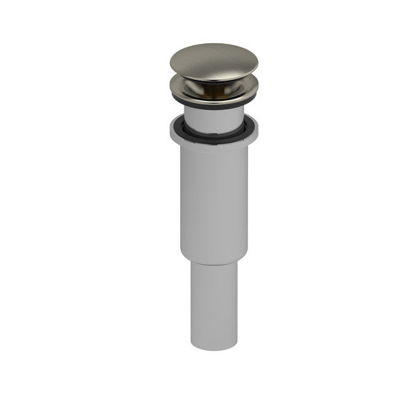 A sink drain stopper with a shiny metal top and a white tube.