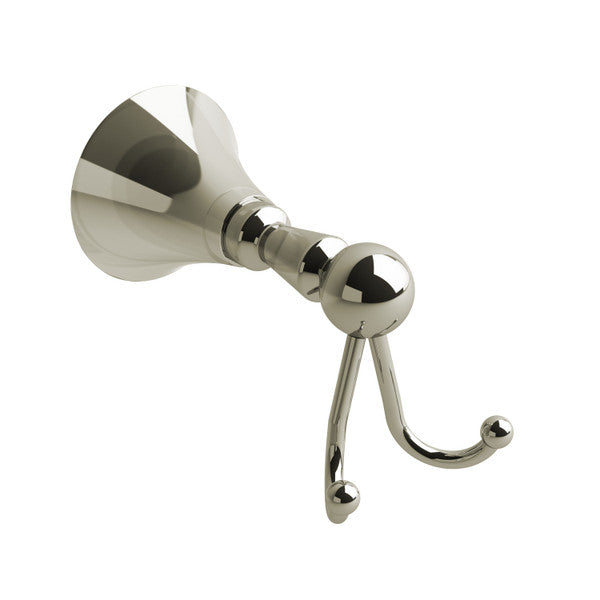 A polished chrome wall hook with a round base and two hooks.