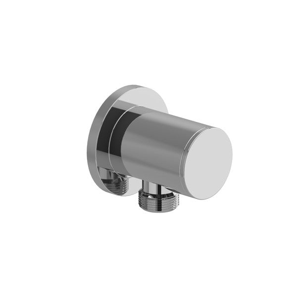 Chrome wall-mounted cylindrical shower arm.