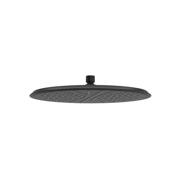 Black overhead shower head with a flat, circular design and textured surface.