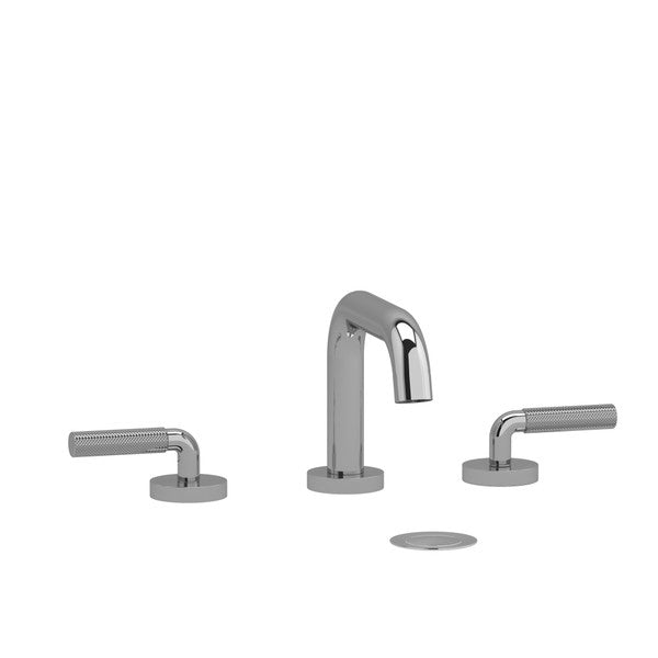 Modern chrome sink faucet with two handles and a matching drain cover.