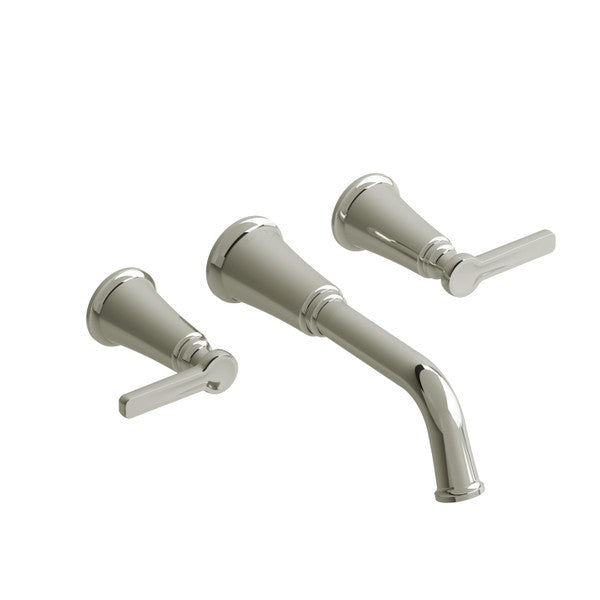 A modern wall-mounted faucet set with two lever handles.