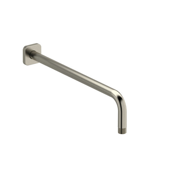 Wall-mounted metallic pipe with an angled bend on a white background.