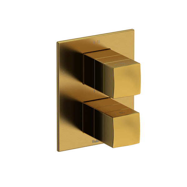Modern gold wall-mounted faucet control with two geometric handles