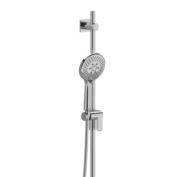 Chrome handheld shower head with adjustable wall mount.