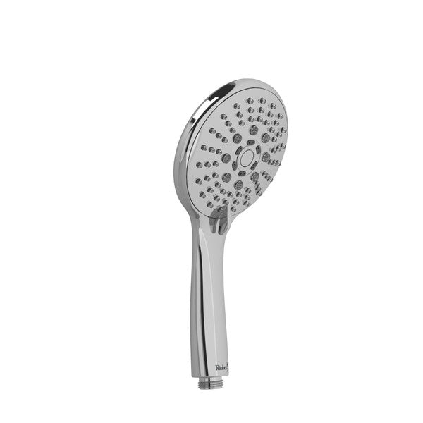 A modern chrome showerhead with multiple spray settings.