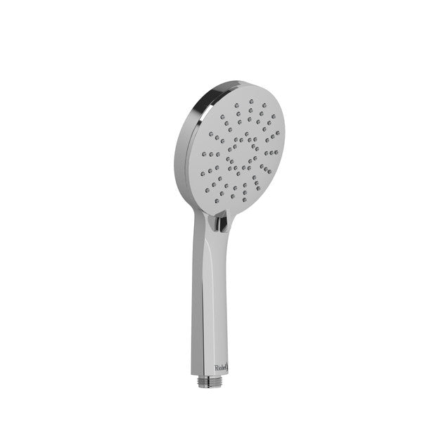 A modern chrome showerhead with a round design and multiple water spray holes.