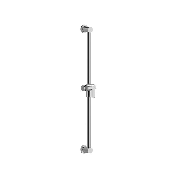 A vertical chrome shower rail with an adjustable holder.