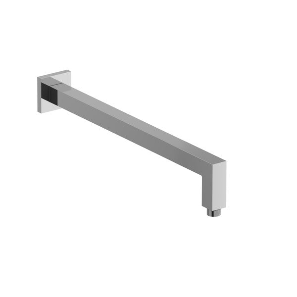 A wall-mounted square-shaped chrome shower arm.