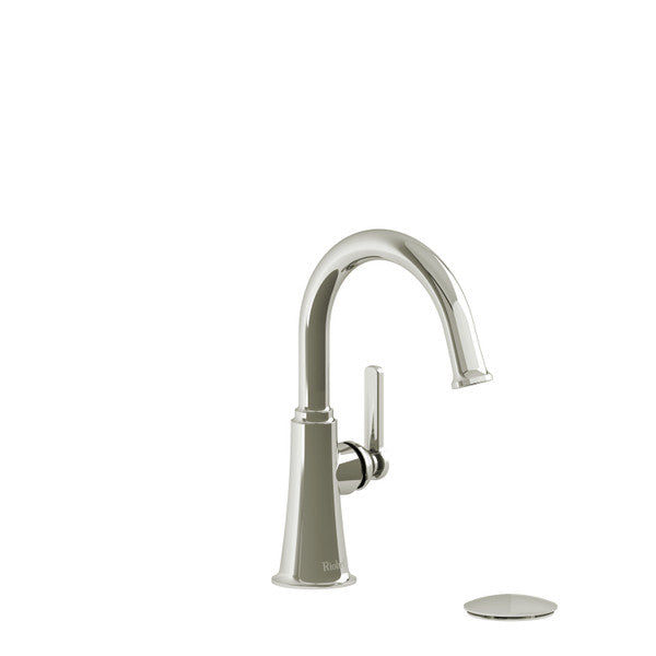 A modern silver kitchen faucet with a curved spout.